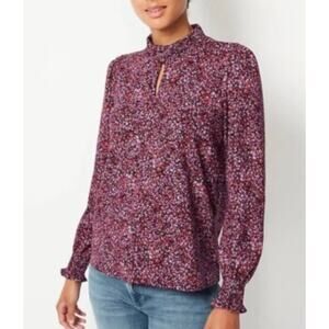 J. Jill Women's Long Sleeve Purple Floral Print Mock Neck size M